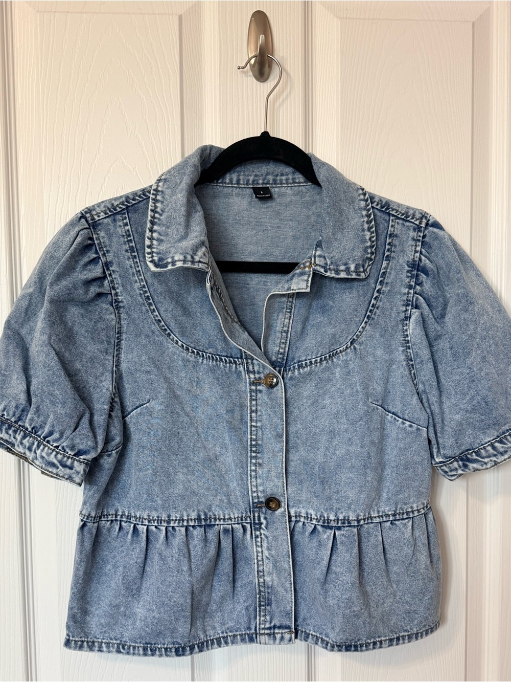 SHEIN Light Blue Denim Button-Front Peplum Shirt